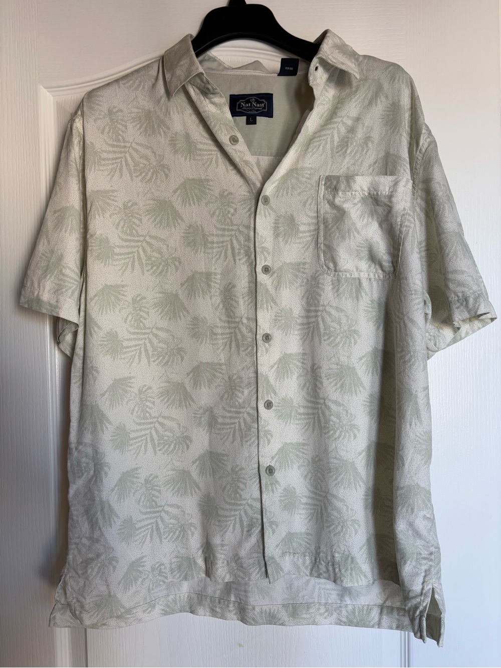 Nat Nast Large Light Green Silk Blend Camp‎ Shirt Palm Leaves Ferns Button Front